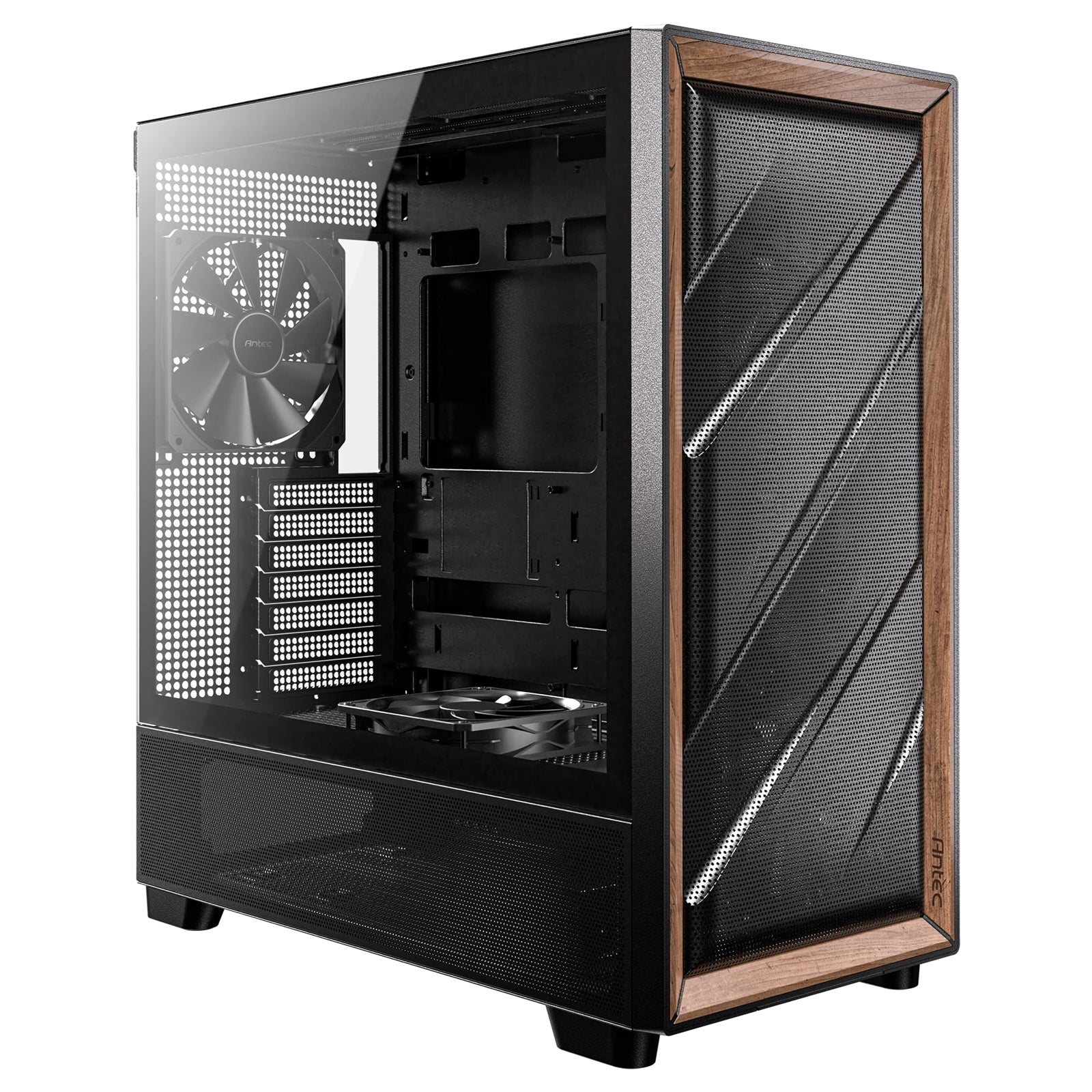 Antec FLUX Mid Tower Gaming Case - Walnut Wood, 5 PWM Fans, USB-C Antec FLUX Mid Tower Gaming Case - Walnut Wood, 5 PWM Fans, USB-C